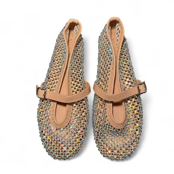 Bamboo Sparkly Mesh Mary Jane Flats Women’s Size 11M Nude Beige Rhinestone Balle - Picture 1 of 8